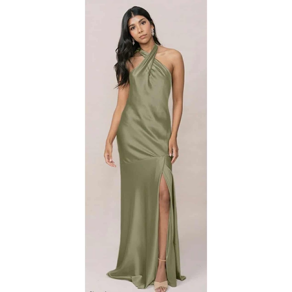 Revelry Olive Green Satin Halter Neck Maxi Dress Open Back Formal Gown Slit